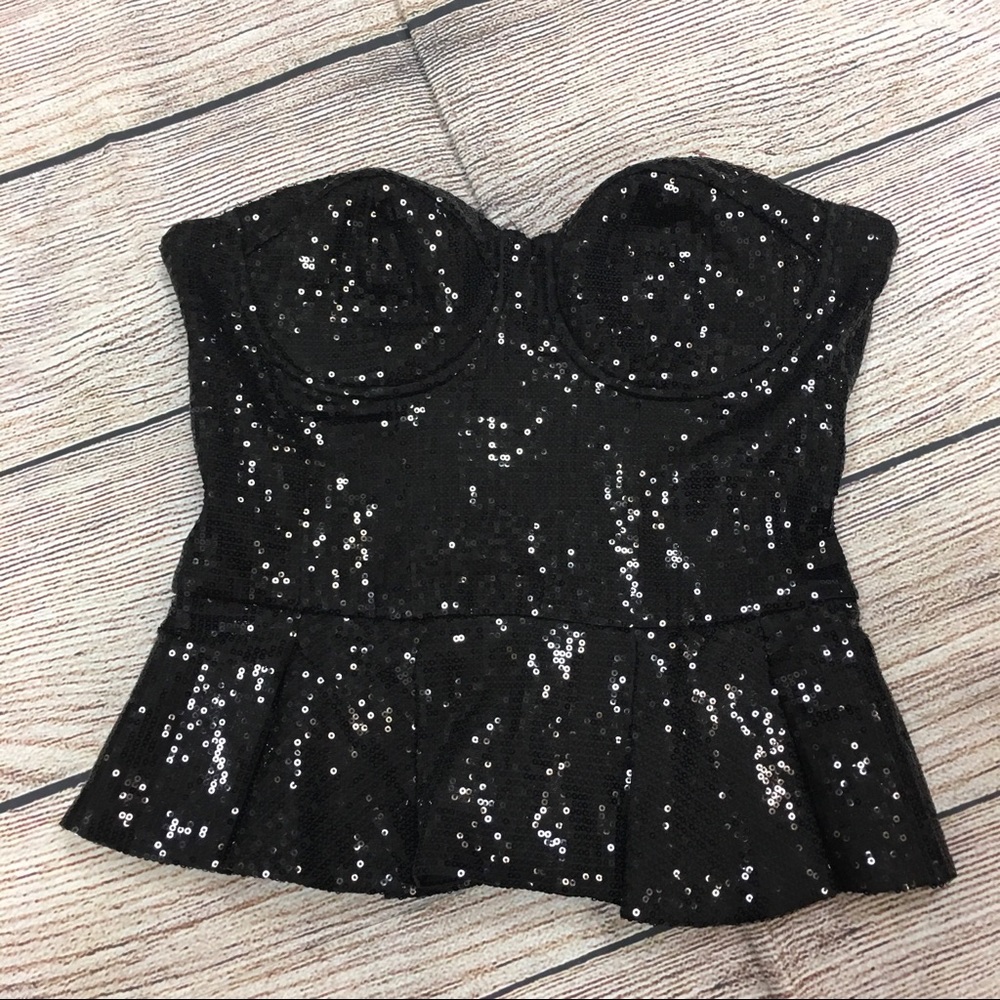 😍Bebe Black Sequin Strapless Tank Ruffle Bottom Small